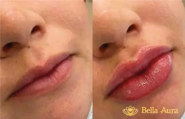 Antes y después de ácido hialurónico en labios en Bella Aura Quito